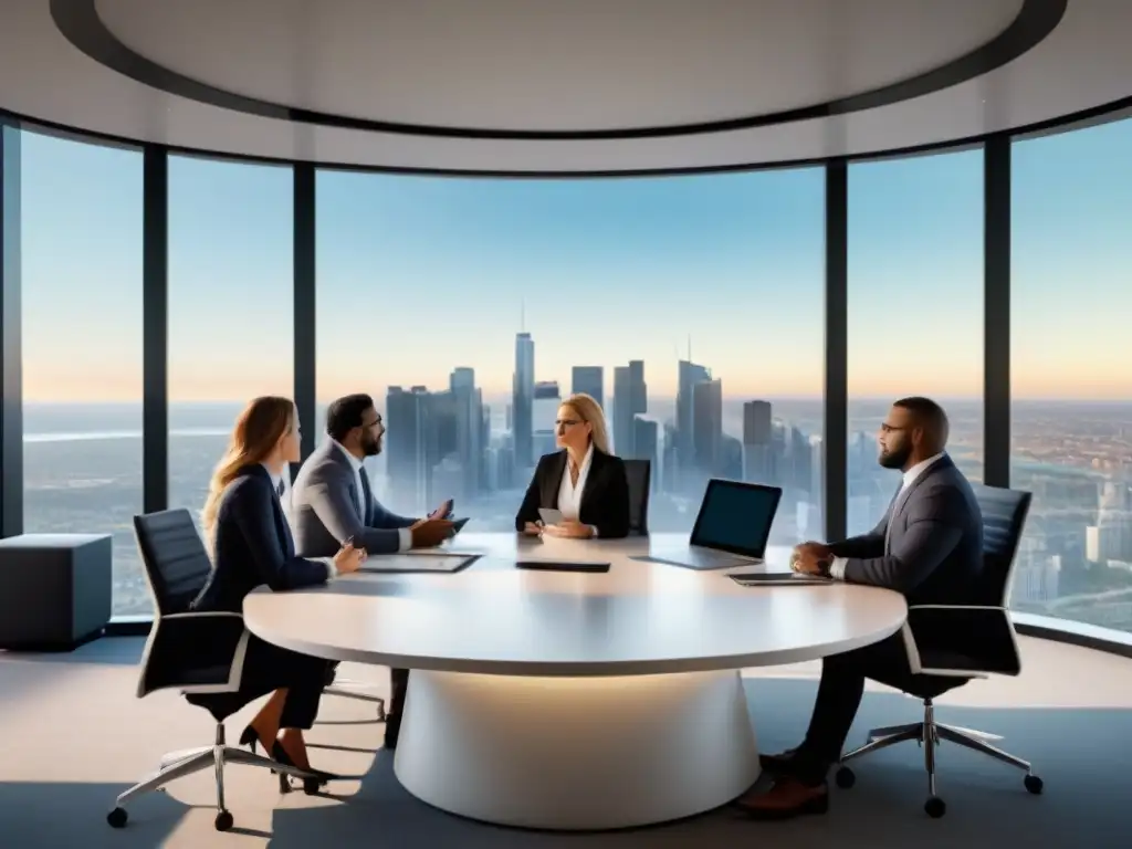 Equipo de profesionales analizando riesgos crediticios inmobiliarios Un grupo diverso de profesionales discute riesgo crediticio en préstamos inmobiliarios en una moderna sala de juntas con vista a la ciudad