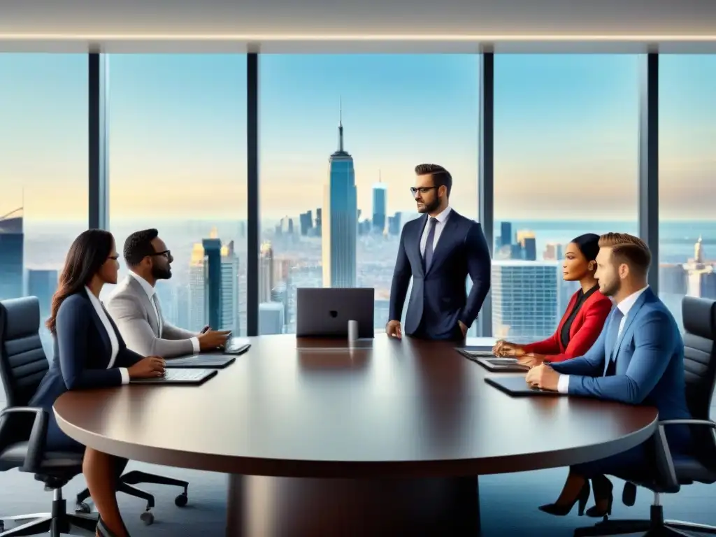 Reunión de negociación en sala corporativa con profesionales diversos Un grupo diverso de profesionales negocia en una sala elegante y moderna