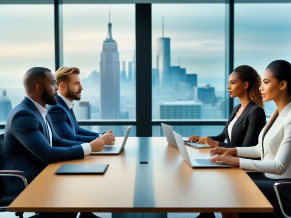 Profesionales expertos en reunión estratégica en la oficina moderna Un grupo diverso de profesionales en una sala de juntas moderna, discutiendo estratégicamente