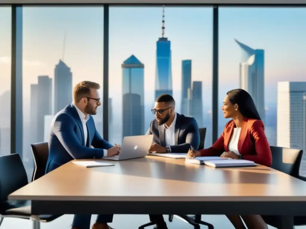 Un grupo diverso de profesionales se reúne en una sala luminosa con vista a la ciudad para una certificación financiamiento inmobiliario especializada