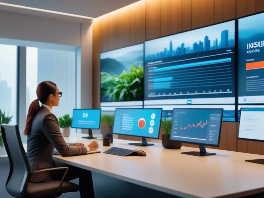 Profesionales de seguros colaboran en estrategias de marketing Un grupo diverso de profesionales del seguro colabora en estrategias de marketing de contenidos en una oficina futurista