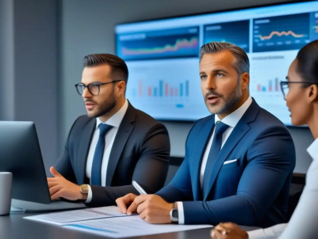 Profesionales de seguros en reunión: colaboración y modernidad Un grupo diverso de profesionales de seguros se reúne en una sala moderna, discutiendo estrategias de afiliados y propiedad