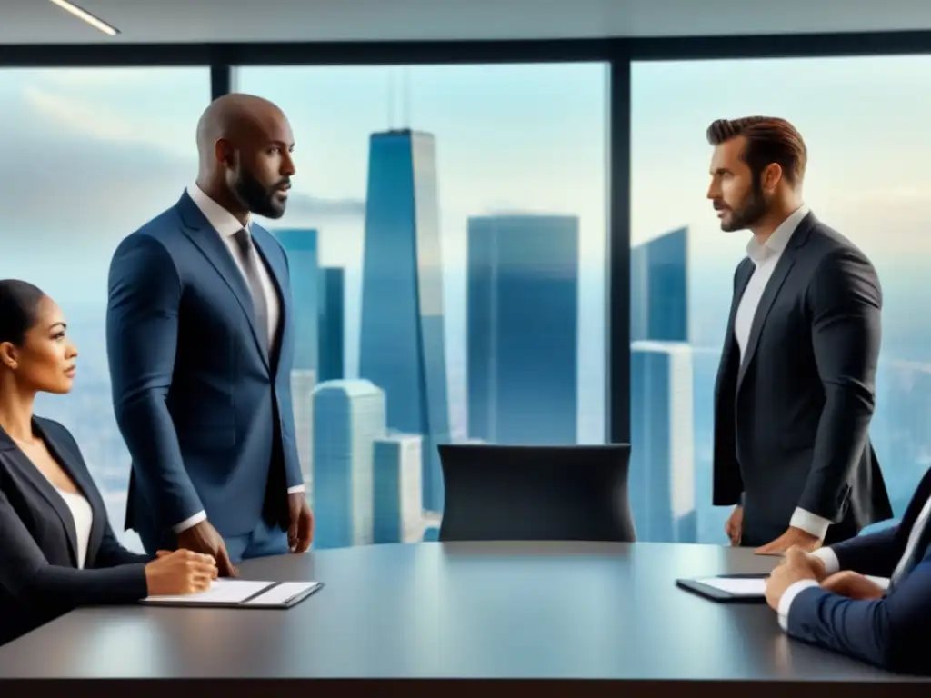 Profesionales debaten estrategias de riesgo en bienes raíces Un grupo diverso de profesionales discute sobre seguros propiedad para proteger una cartera inmobiliaria en una oficina moderna