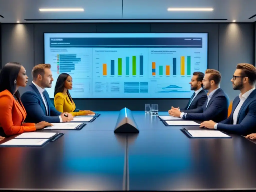 Profesionales serios debatiendo estrategias de inversión en sala de juntas Un grupo diverso de profesionales serios discutiendo estrategias de inversión en REITs durante crisis en una sala de juntas de alta tecnología