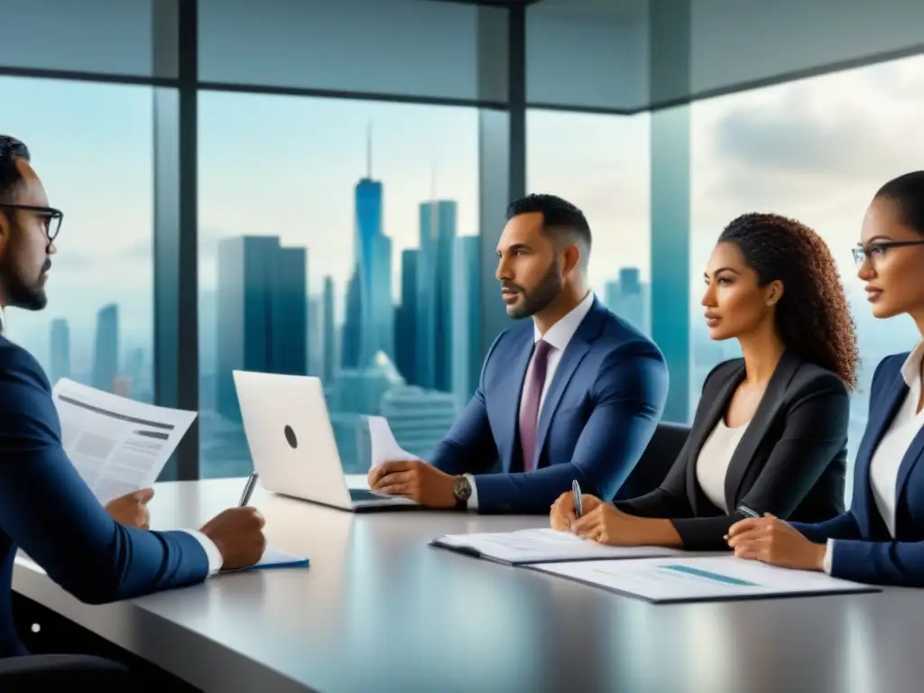 Profesionales enfocados analizan hipotecas privadas en oficina moderna Un grupo diverso de profesionales serios analizando datos sobre préstamos inmobiliarios en una moderna oficina corporativa