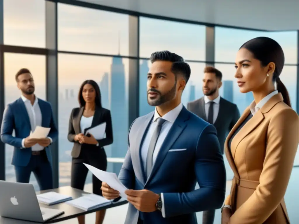 Profesionales debatiendo regulaciones inmobiliarias en oficina moderna Un grupo diverso de profesionales serios discuten regulación inmobiliaria para inversores en una oficina moderna