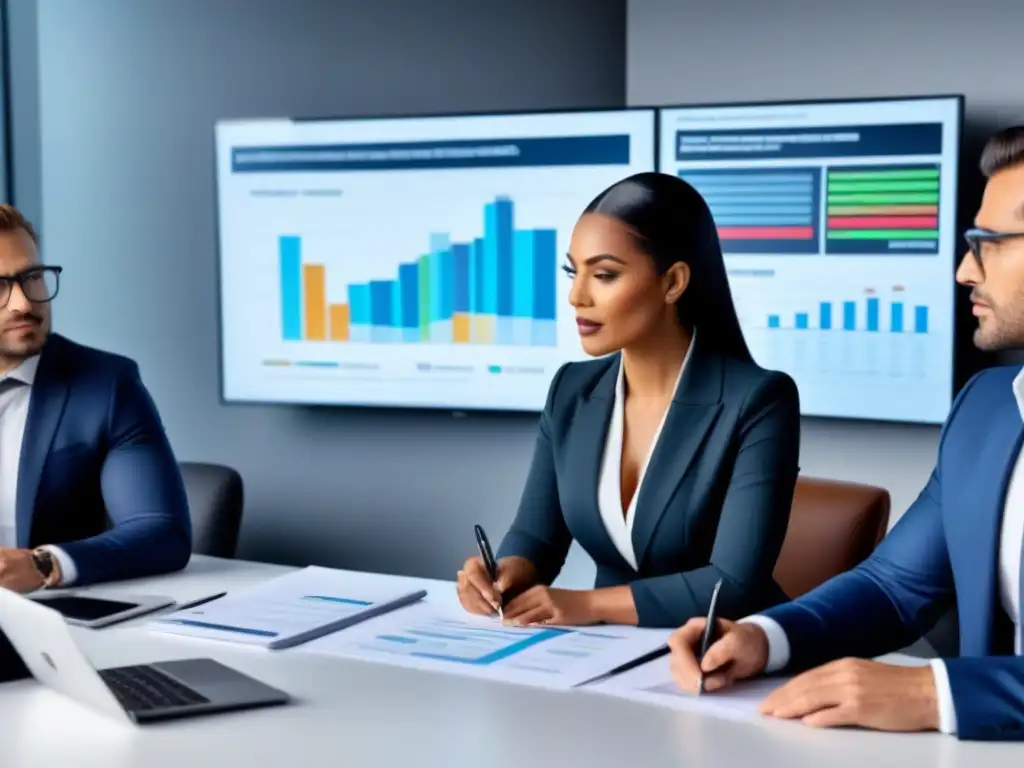Profesionales en reunión estratégica en moderna oficina Un grupo diverso de profesionales serios en trajes de negocios, reunidos alrededor de una mesa en una oficina moderna