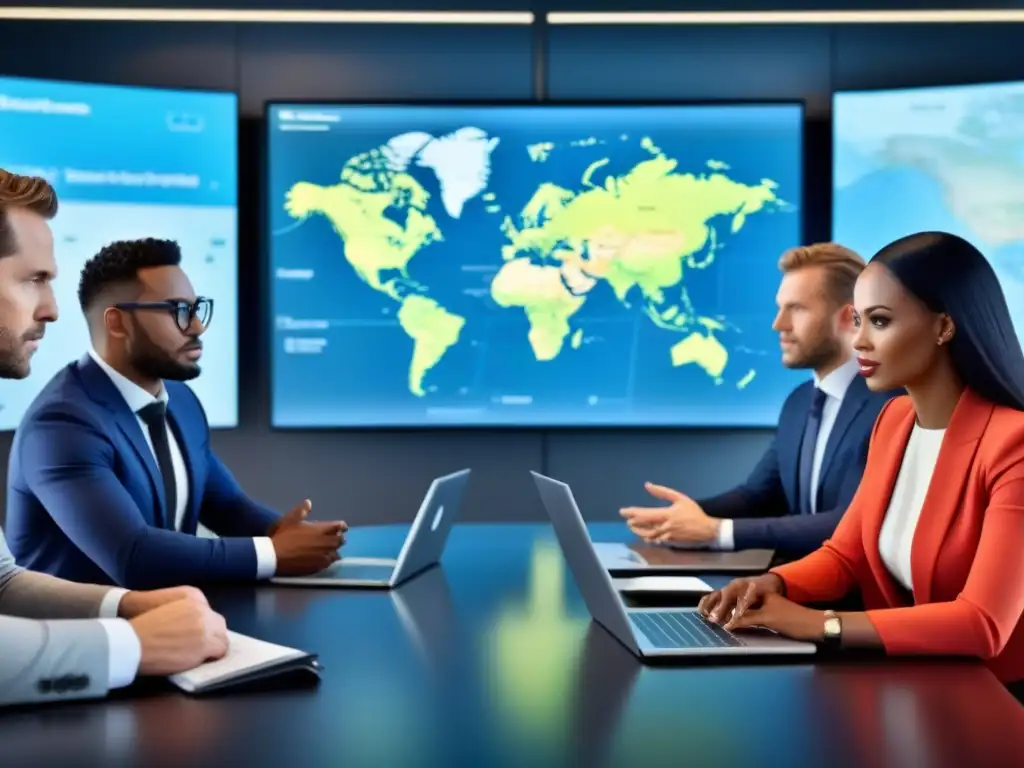 Profesionales enfocados en reunión global en sala de juntas moderna Un grupo diverso de profesionales serios discutiendo en una sala de juntas moderna con un mapa mundial proyectado al fondo