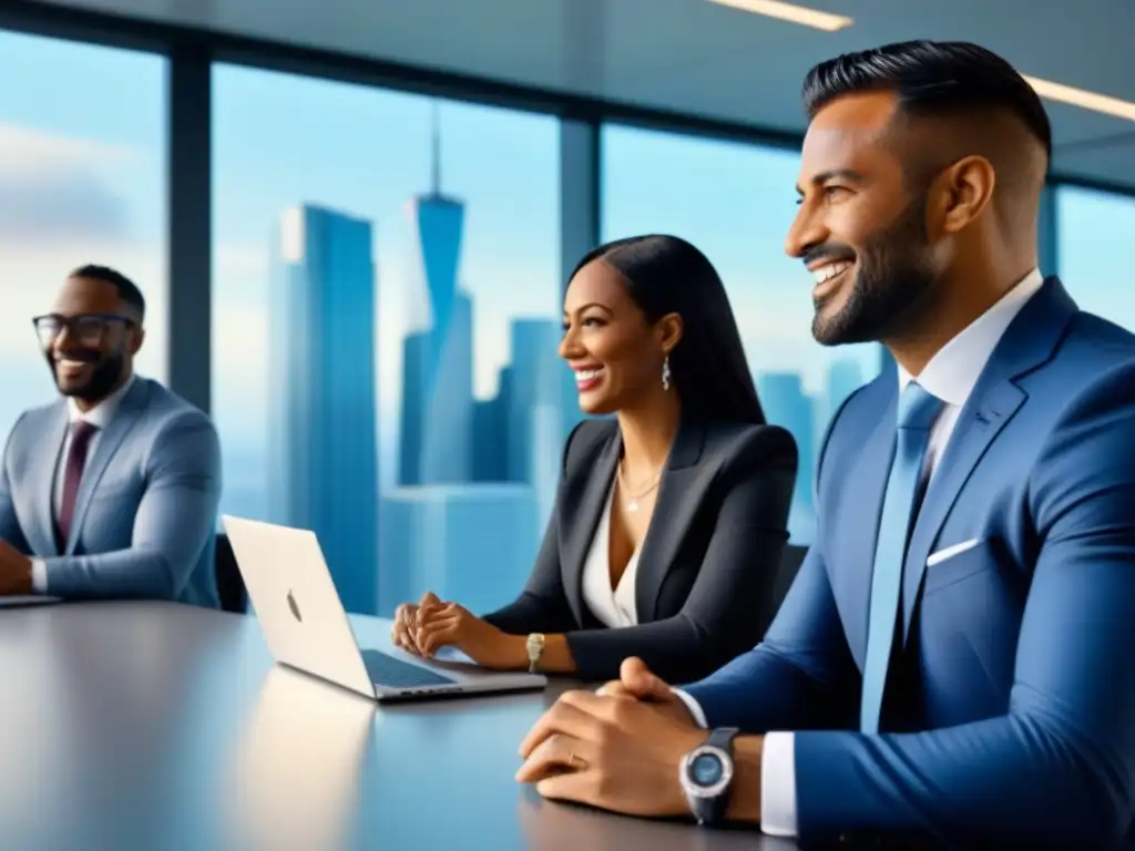 Profesionales sonrientes en reunión de negocios en oficina moderna Un grupo diverso de profesionales sonrientes discute en una moderna oficina con vista a la ciudad