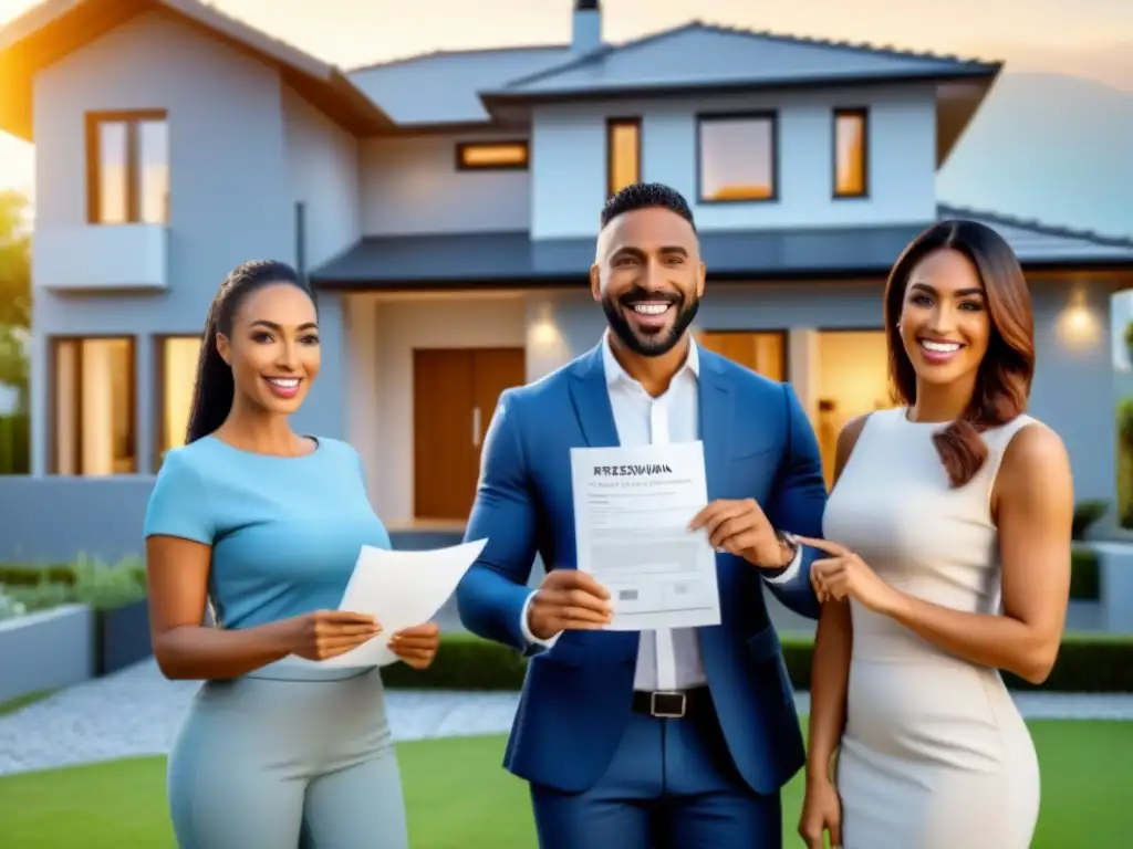 Profesionales sonrientes en préstamo hipotecario Un grupo diverso de profesionales sonrientes frente a una moderna casa, con un banquero sosteniendo un 'Préstamo hipotecario convencional'