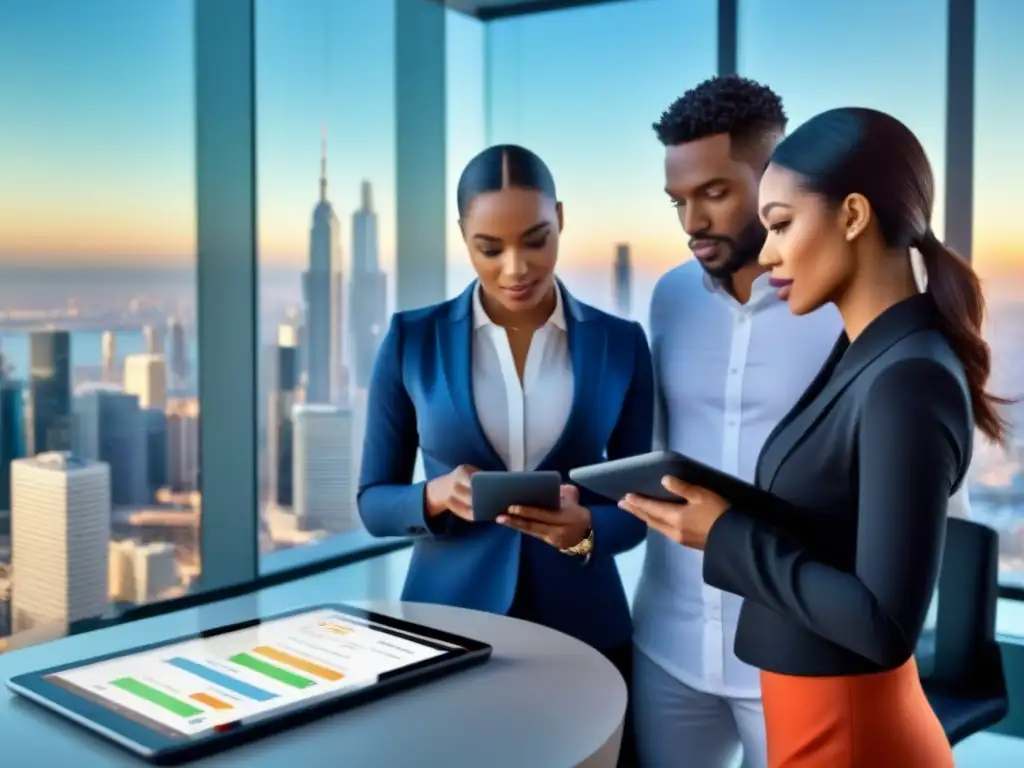 Profesionales diversificados exploran financiamiento inmobiliario innovador Un grupo diverso de profesionales se reúne alrededor de una tableta digital futurista en una oficina contemporánea, con la ciudad de fondo