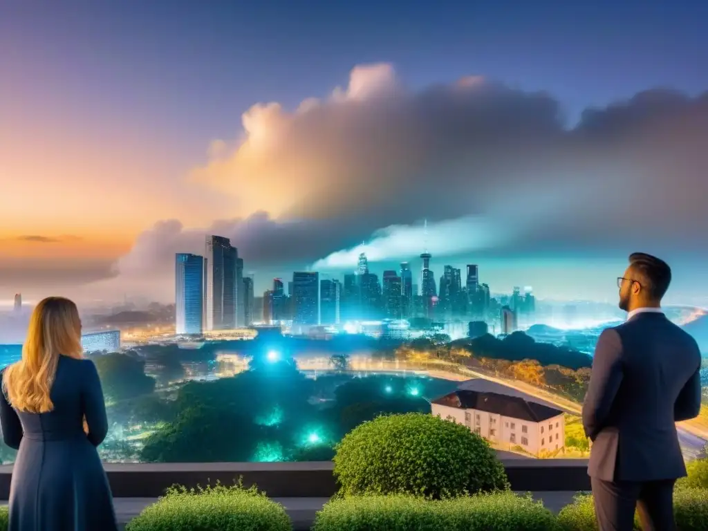 Profesionales debaten tendencias inmobiliarias frente a ciudad moderna Un grupo diverso de profesionales debatiendo tendencias del mercado inmobiliario frente a una ciudad moderna