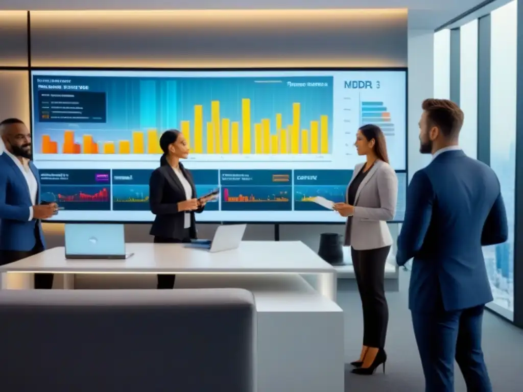 Profesionales analizan tendencias inmobiliarias en oficina moderna Grupo diverso de profesionales analizando tendencias del mercado inmobiliario en oficina moderna