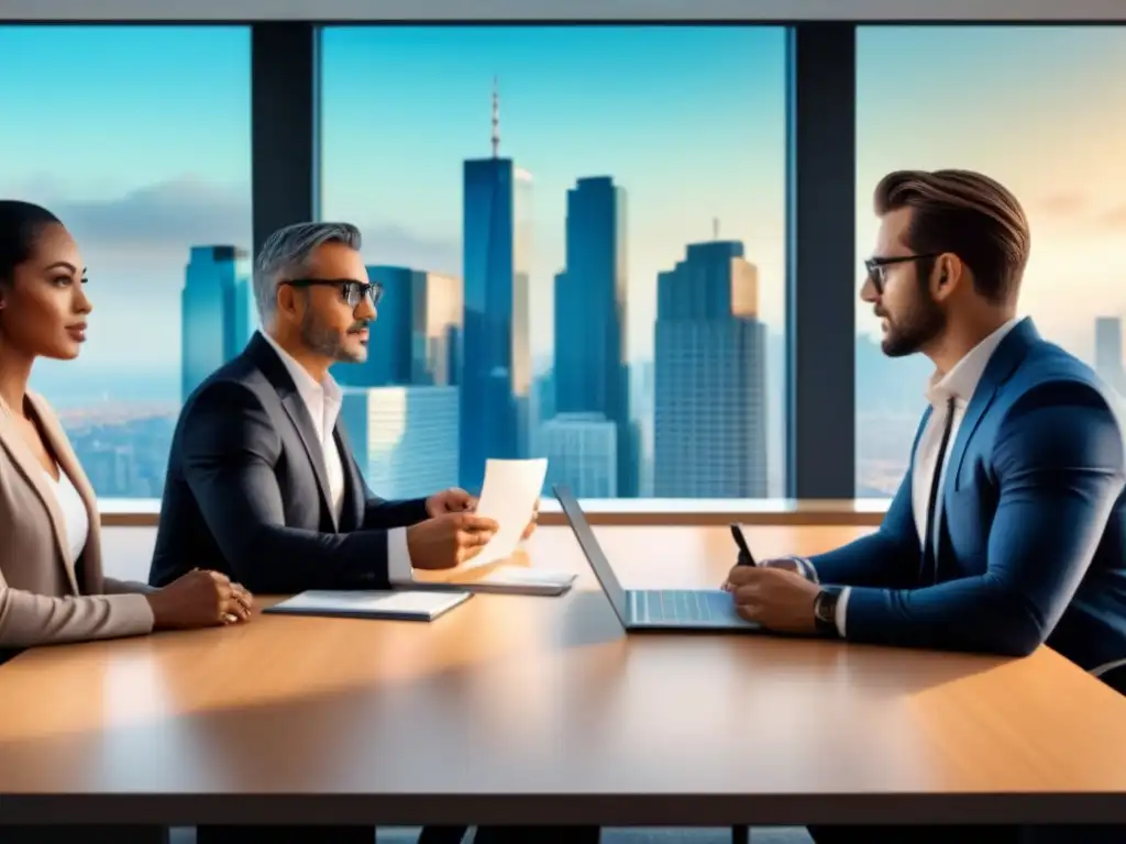 Profesionales diversificados discuten hipotecas en oficina moderna Grupo diverso de profesionales discuten términos hipotecarios en oficina moderna con vista a la ciudad