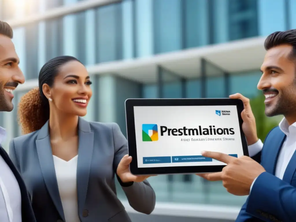 Profesionales de Préstamos Inmobiliarios en Acción Un grupo diverso de profesionales discute sobre tipos de préstamos inmobiliarios adecuados frente a un edificio moderno