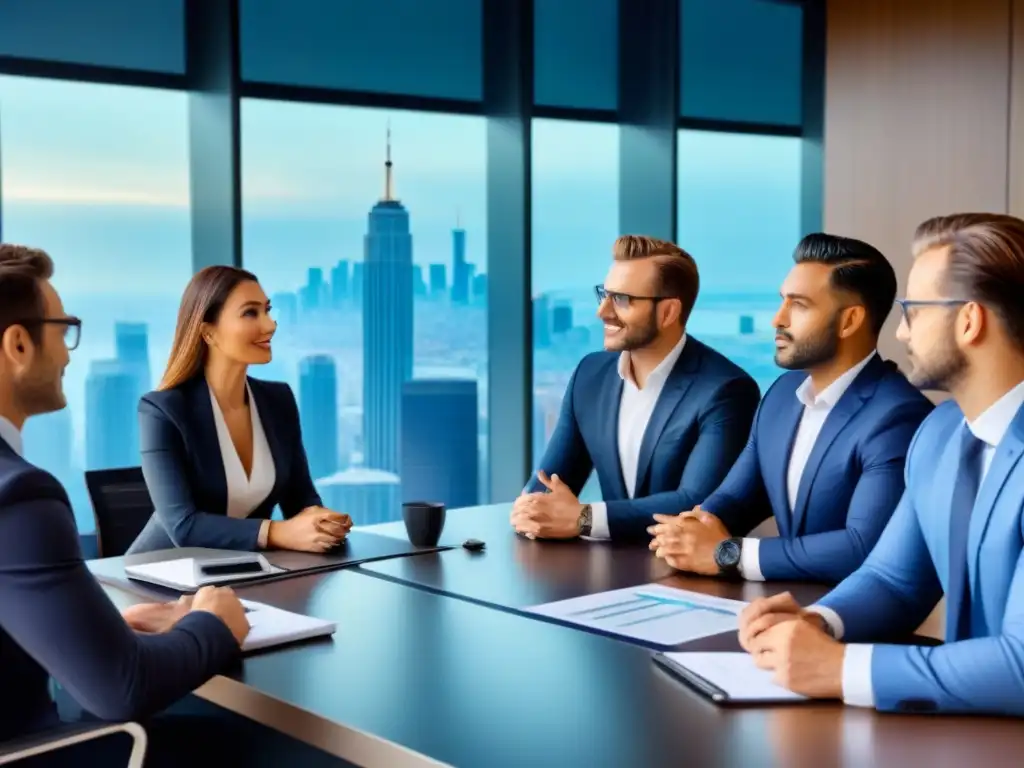 Inversión inmobiliaria global: estrategias en acción Grupo diverso de profesionales en traje de negocios, debatiendo oportunidades inversión inmobiliaria internacional en moderna sala de juntas con vista panorámica de la ciudad