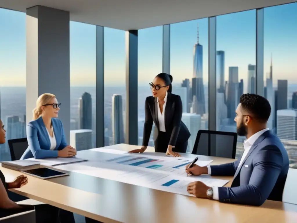 Profesionales de éxito en mesa de reuniones de inversión inmobiliaria Un grupo diverso de profesionales en traje de negocios discuten estrategias de sindicación inmobiliaria