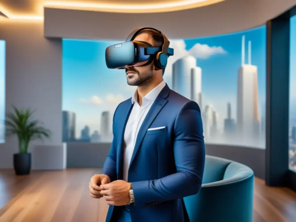 Realidad Virtual: Revoluciona Visitas Inmobiliarias Un grupo diverso de profesionales en traje de negocio explorando propiedades inmobiliarias en Realidad Virtual