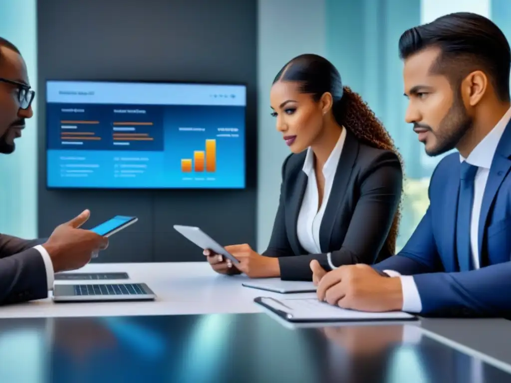 Un grupo diverso de profesionales en traje de negocios discuten sobre financiamiento inmobiliario y cambios regulatorios en una mesa futurista