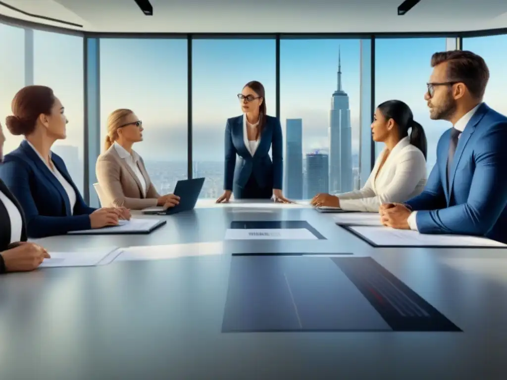 Profesionales debaten finanzas inmobiliarias en oficina moderna Grupo diverso de profesionales en trajes de negocios discutiendo finanzas inmobiliarias en una moderna oficina