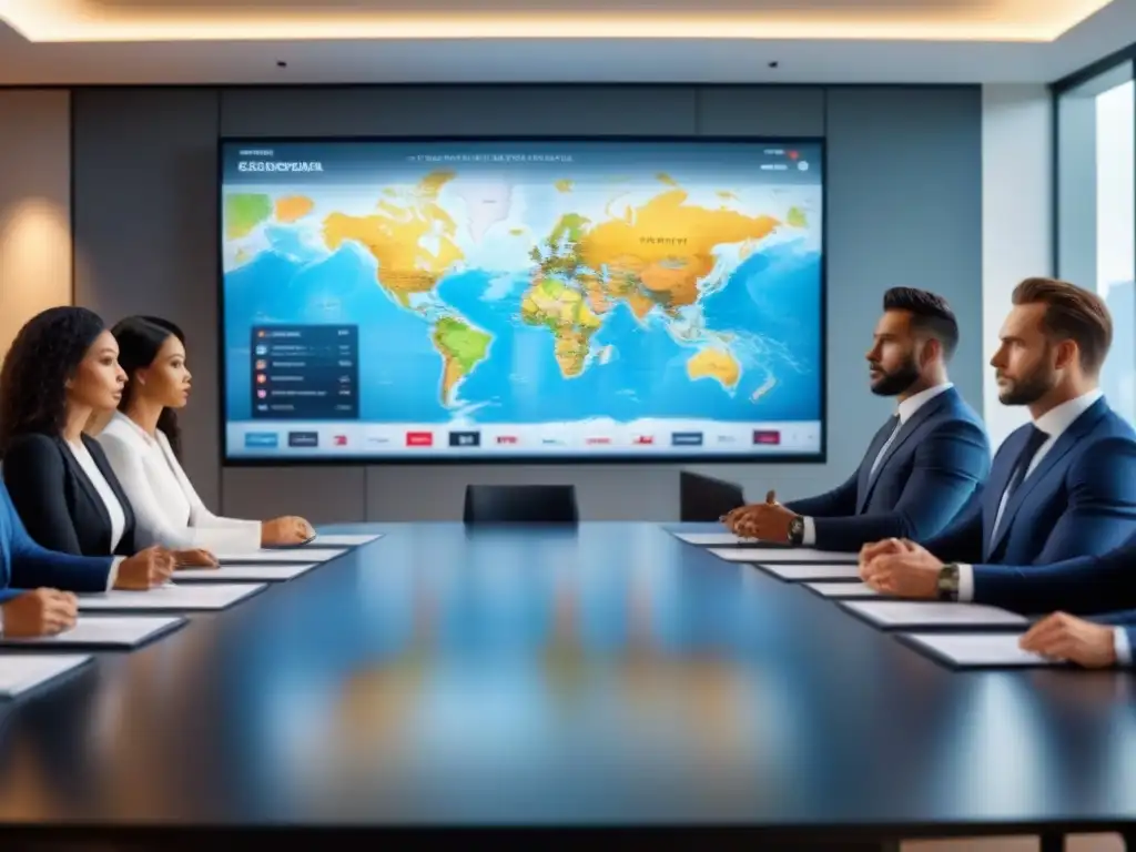 Un grupo diverso de profesionales en trajes de negocios alrededor de una mesa de conferencias moderna, con un mapa mundial proyectado en pantalla