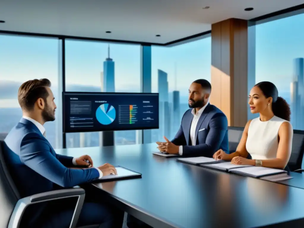 Profesionales debatiendo estrategias de inversión inmobiliaria en sala de juntas moderna Grupo diverso de profesionales en trajes de negocios discutiendo estrategias de inversión en un elegante salón de juntas con vista a la ciudad
