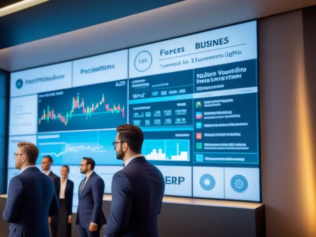 Expertos financieros en tecnología: colaboración y datos internacionales Grupo diverso de profesionales en trajes de negocios analizando datos financieros en pantalla digital