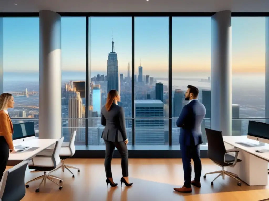 Profesionales exitosos en finanzas inmobiliarias: innovación y expertise Un grupo diverso de profesionales en trajes de negocios, discutiendo frente a gráficos financieros en una oficina moderna con vista a la ciudad