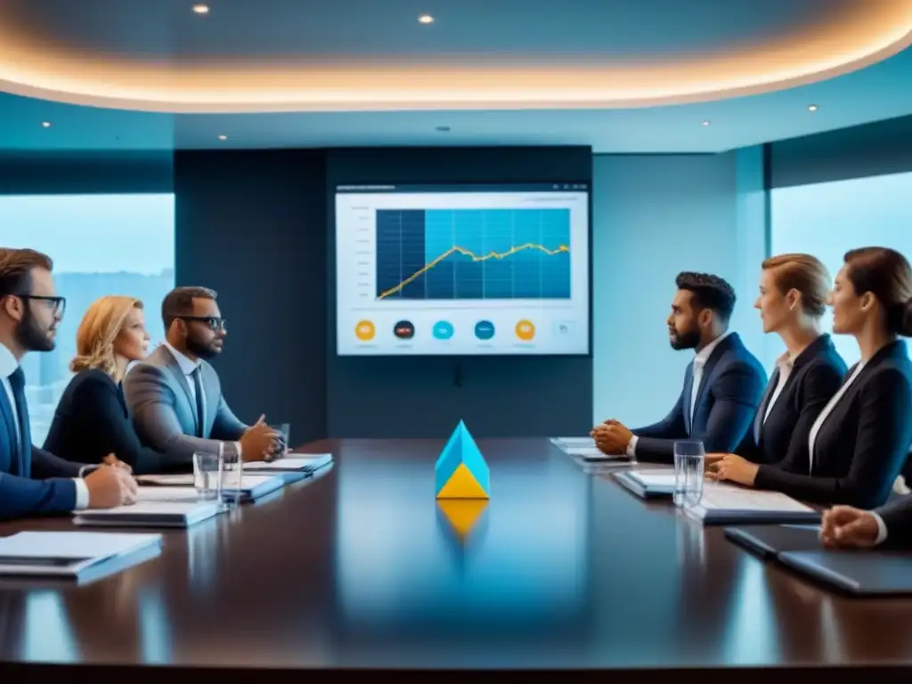 Grupo diverso de profesionales en trajes de negocios discuten estrategias de inversión inmobiliaria colectiva en una sala moderna con tecnología avanzada