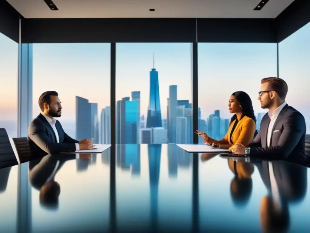 Profesionales en reunión: Prevención de Lavado de Dinero en Bienes Raíces Grupo diverso de profesionales discutiendo transacciones inmobiliarias en una sala de juntas moderna y luminosa