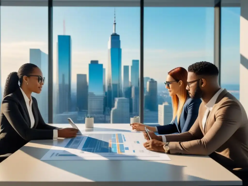 Reunión innovadora para planificar bienes raíces en oficina moderna Grupo diverso planeando programas inmobiliarios para minorías en oficina moderna con vista a la ciudad