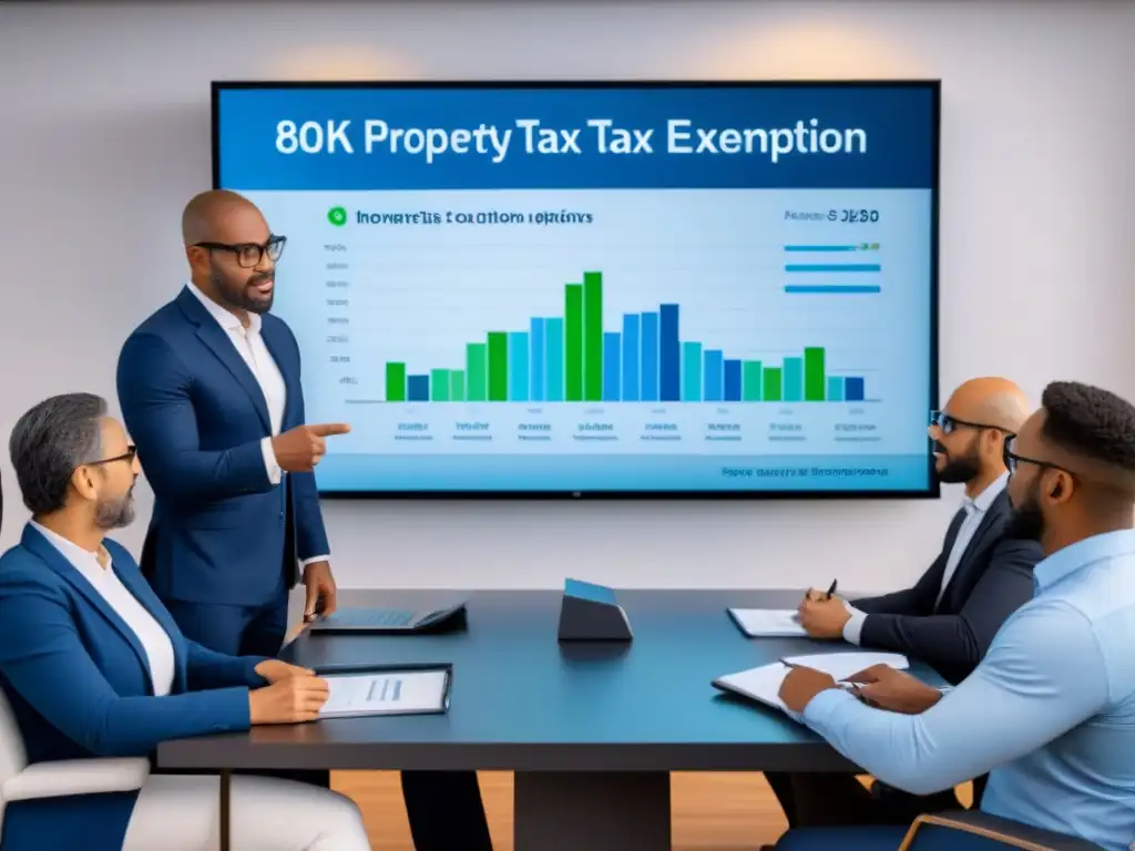 Conversación experta sobre exenciones fiscales en oficina moderna Grupo diverso de propietarios escuchan a asesora financiera sobre exenciones impuestos propiedad inmobiliaria en oficina moderna