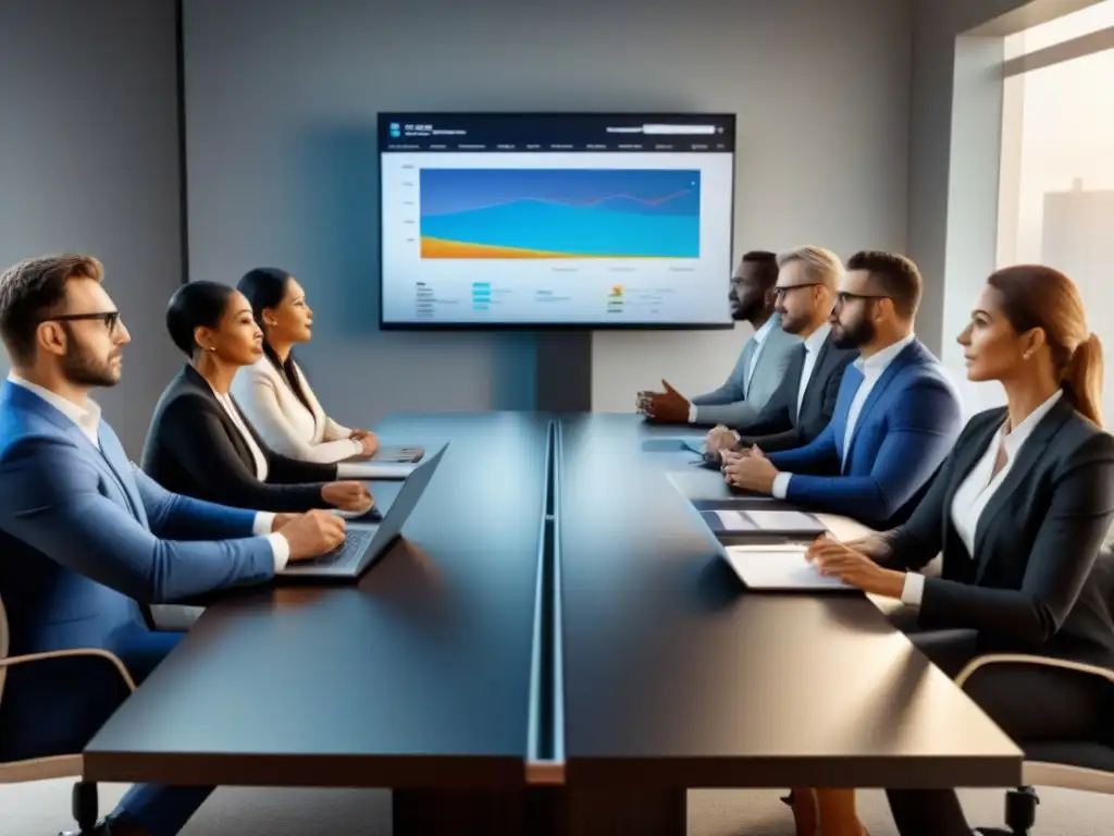 Reunión de expertos en gestión de deuda inmobiliaria Grupo diverso de propietarios y asesores financieros discutiendo estrategias gestión deuda inmobiliaria en una sala moderna y profesional