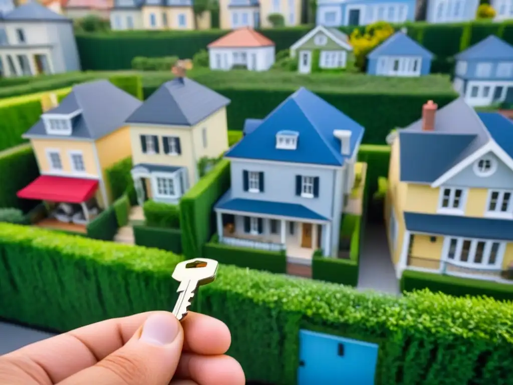 Propietarios felices con llaves en mano frente a casas diversas en vecindario seguro Grupo diverso de propietarios felices con llaves de casas, resaltando la importancia de seguros de propiedad en vecindario próspero