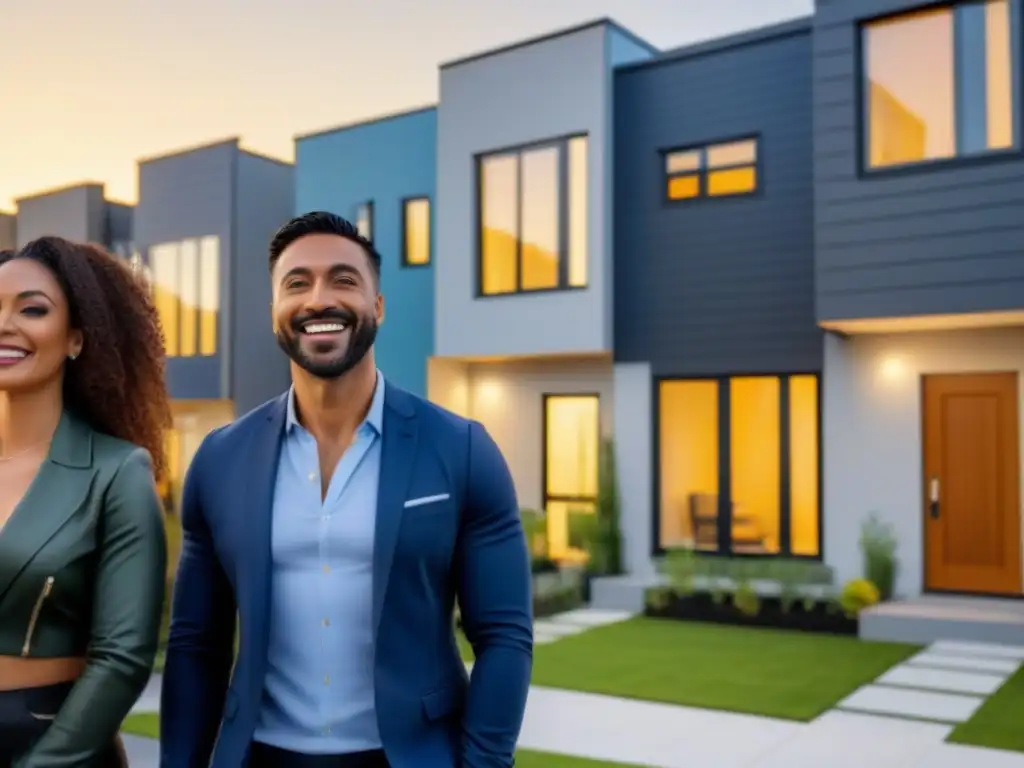 Minorías felices reciben llaves de modernas casas eco en vecindario urbano Un grupo diverso de propietarios felices de minorías intercambiando llaves con un agente inmobiliario frente a modernas casas ecoamigables