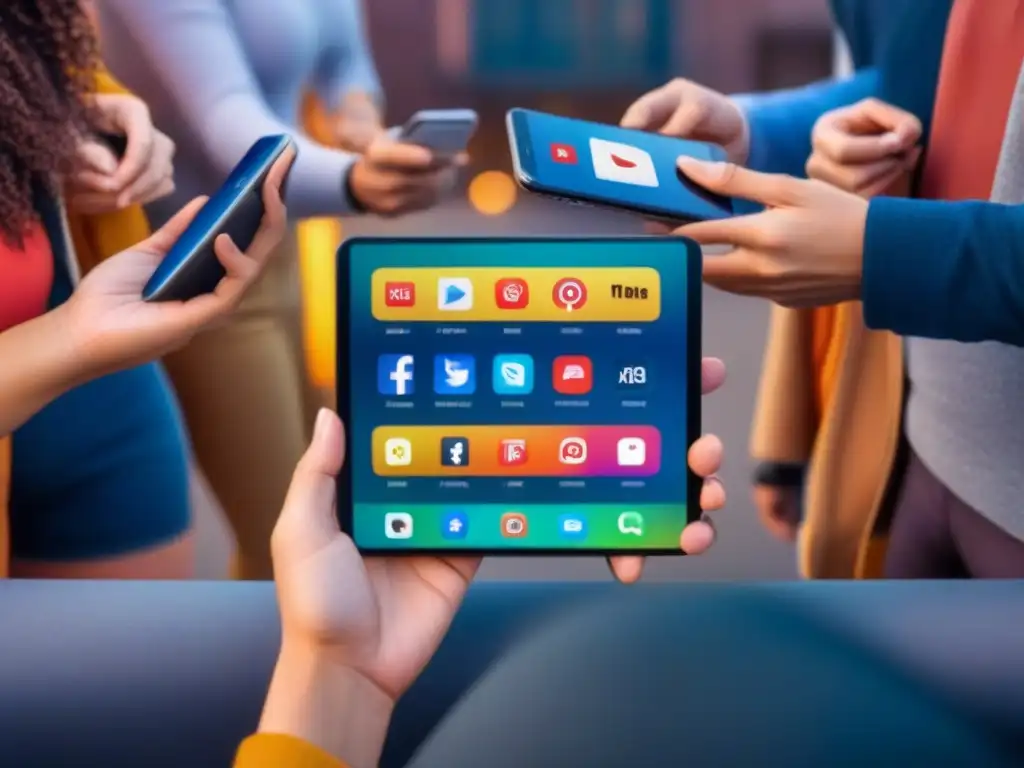 Interacción social: diversidad en redes para seguro de propiedades Grupo diverso interactuando en redes sociales para promover seguros de propiedad