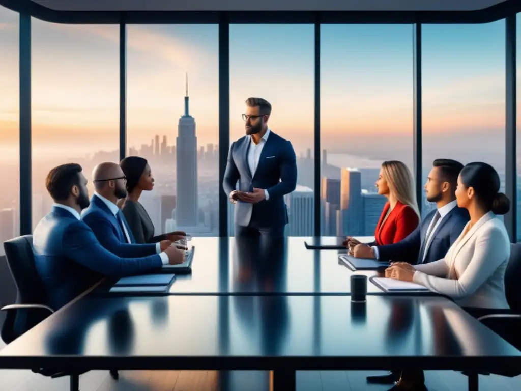 Reunión de inversores: estrategias en una sala ejecutiva Un grupo diverso en una sala de juntas moderna discute estrategias de inversión, con vista a la ciudad al atardecer