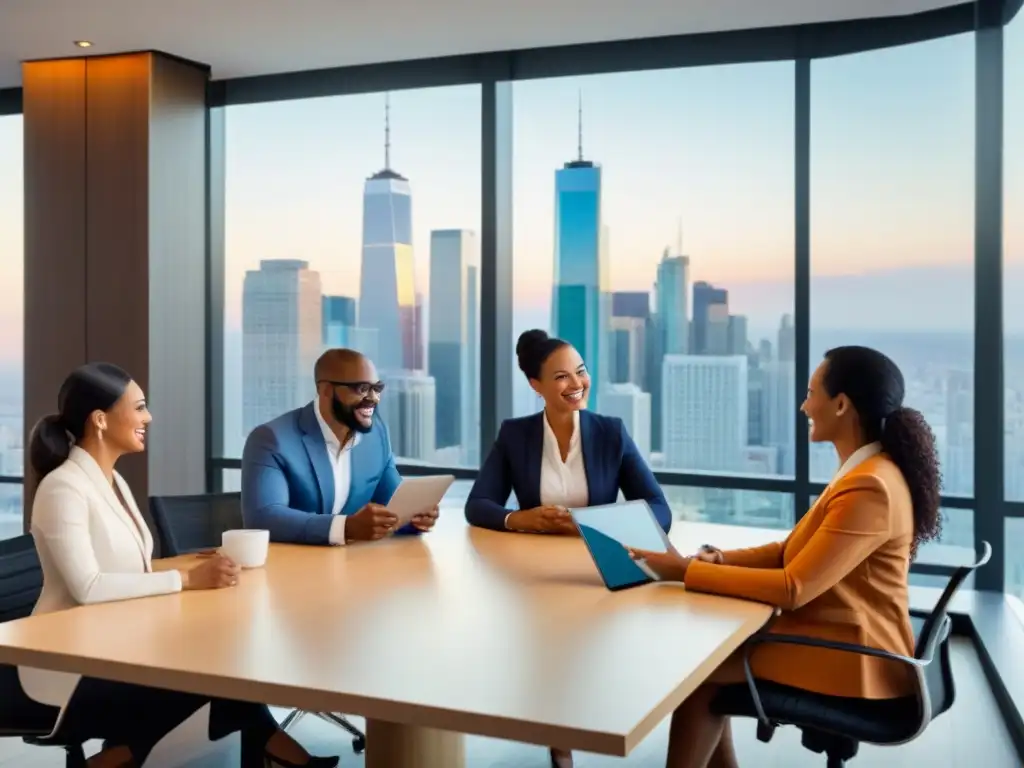 Grupo diverso discute Seguros para inversión inmobiliaria en moderna sala de reuniones con vista a la ciudad