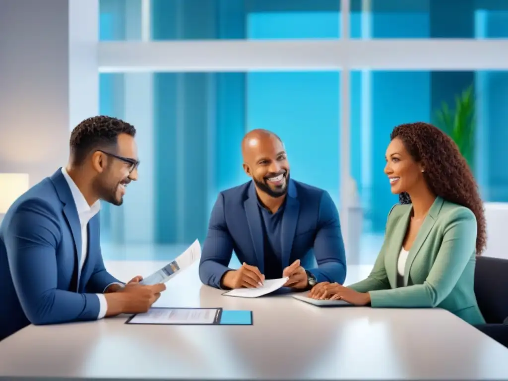 Conversaciones de seguros: diversidad y confianza en un entorno moderno Un grupo diverso discute seguros en oficina moderna