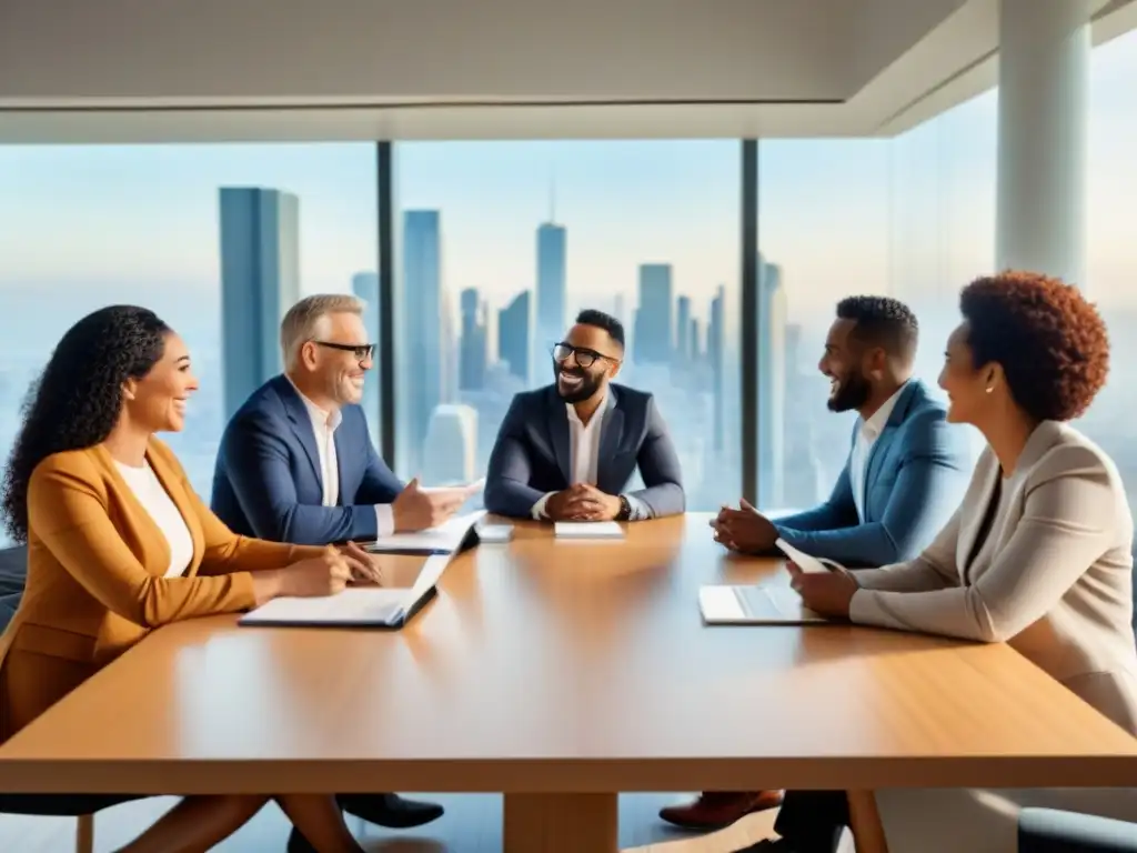 Reunión profesional diversa en sala moderna con skyline urbano Un grupo diverso y sonriente en una reunión profesional en una moderna sala de conferencias, con vista a la ciudad