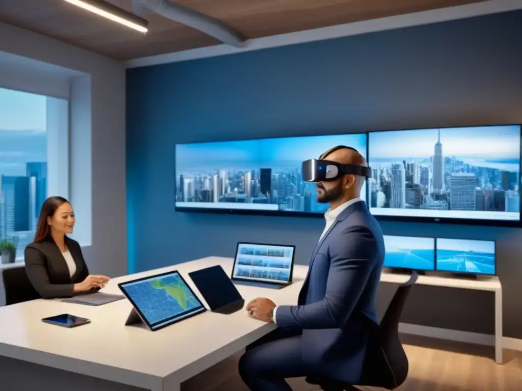 Expertos en Valuación Inmobiliaria en Oficina Futurista Un grupo diverso de tasadores inmobiliarios en una oficina moderna, usando tecnología avanzada