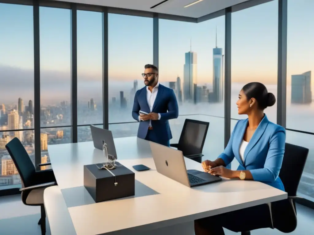 Expertos en valoración inmobiliaria: modernidad y profesionalismo en acción Un grupo diverso de tasadores inmobiliarios profesionales concentrados en su trabajo en una oficina moderna