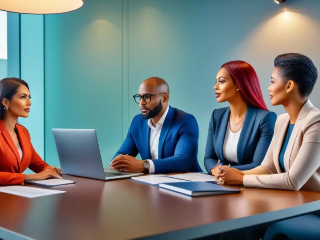 Expertos inmobiliarios certificados en acción Un grupo diverso de tasadores inmobiliarios certificados en una oficina elegante, mostrando colaboración y profesionalismo