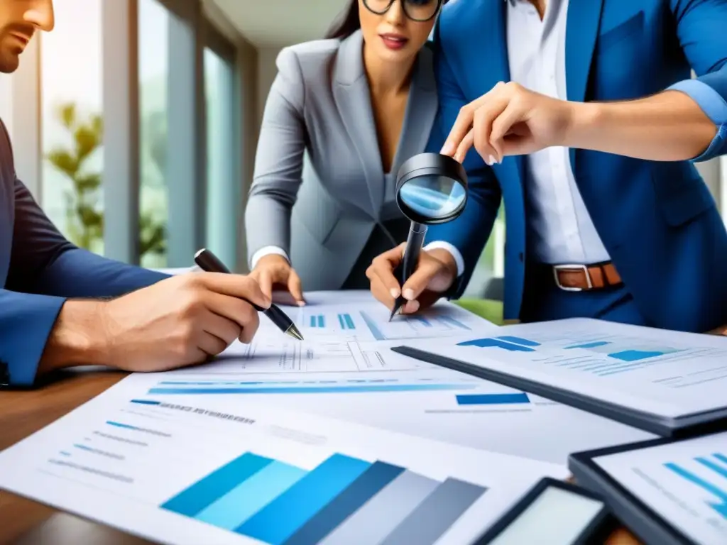 Expertos en Valuación Inmobiliaria: Detalles que Cuentan Un grupo diverso de tasadores inmobiliarios examina propiedades detalladamente, rodeados de planos y calculadoras