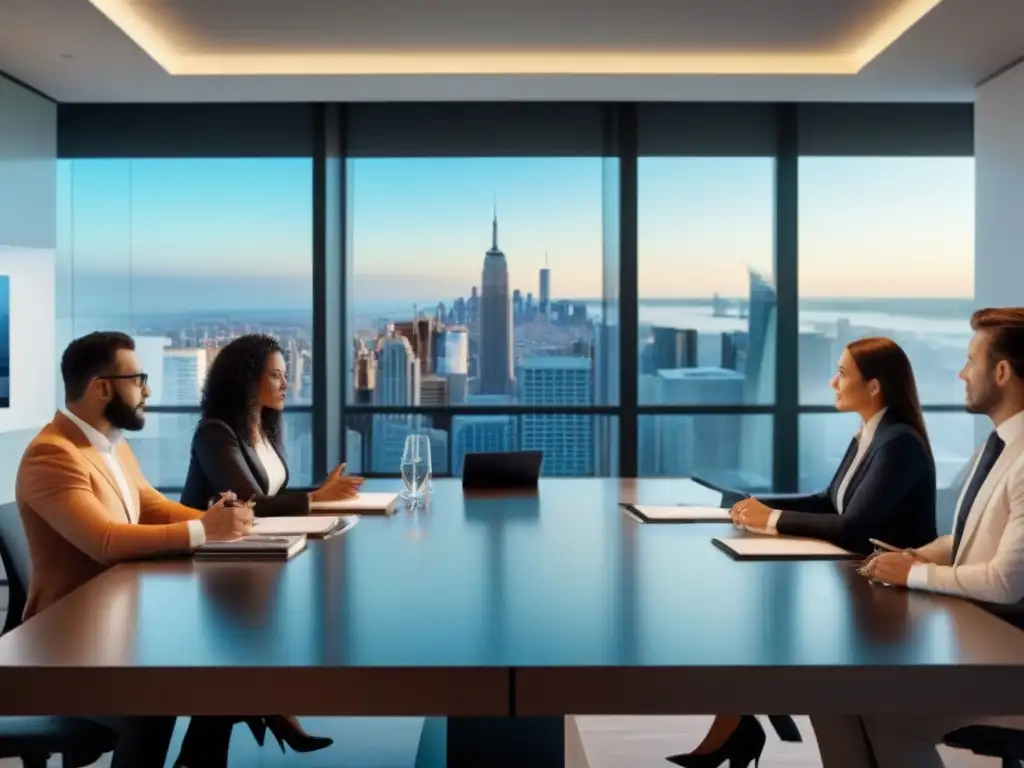 Profesionales analizando tendencias inmobiliarias en sala moderna Grupo diverso analiza tendencias inmobiliarias en sala moderna con vista a ciudad