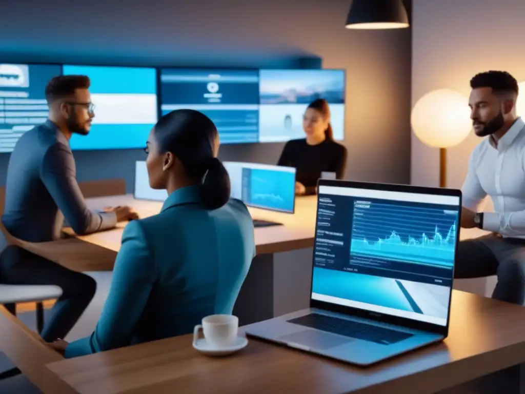Colaboración de trabajadores independientes en espacio coworking futurista Grupo diverso de trabajadores independientes discuten financiamiento inmobiliario en un espacio coworking futurista