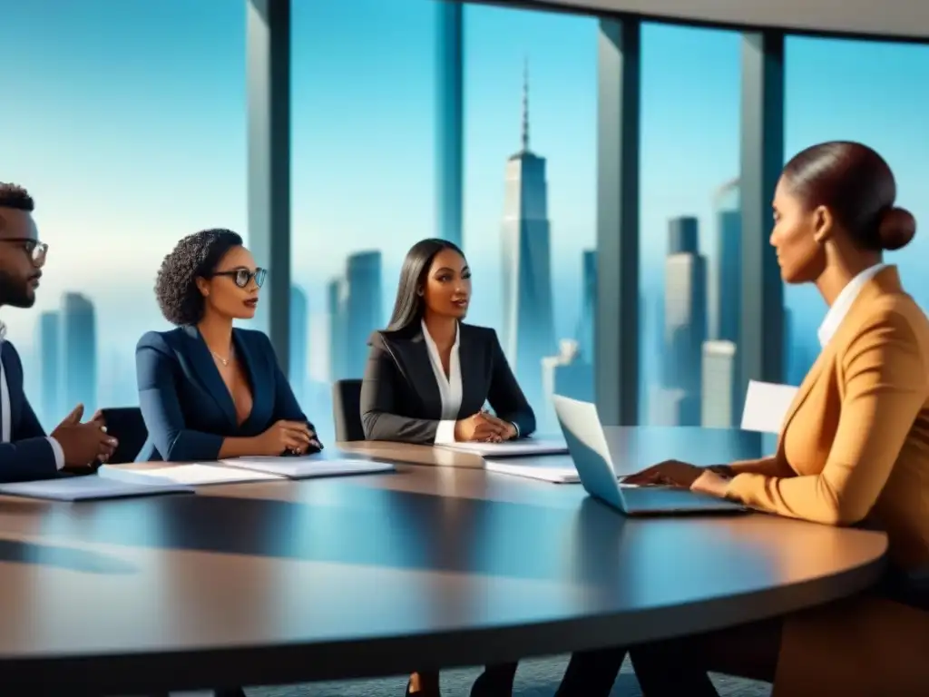 Reunión de negocios en la ciudad: colaboración profesional Grupo diverso en traje de negocios discutiendo en sala con luz natural y vista a la ciudad