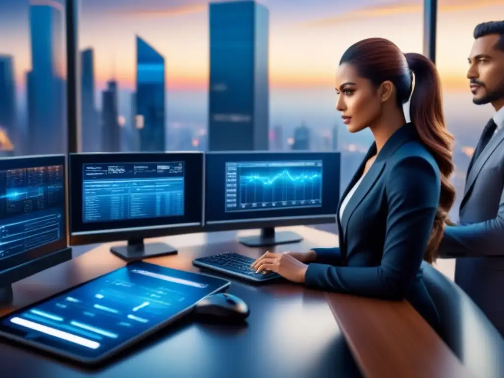 Transacciones financieras seguras en la era digital Un grupo diverso realiza transacciones financieras seguras en dispositivos digitales futuristas, con un fondo de ciudad futurista