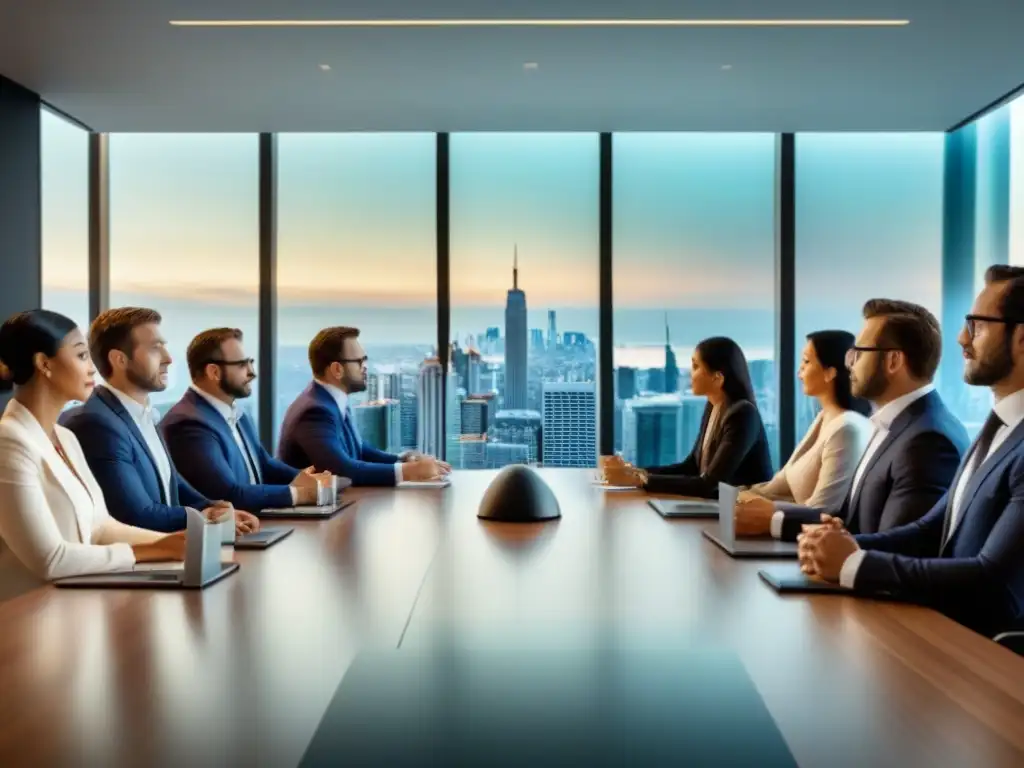 Inversores internacionales en moderna oficina Un grupo internacional de inversores atentos recibe una guía de financiamiento inmobiliario extranjero en una moderna oficina