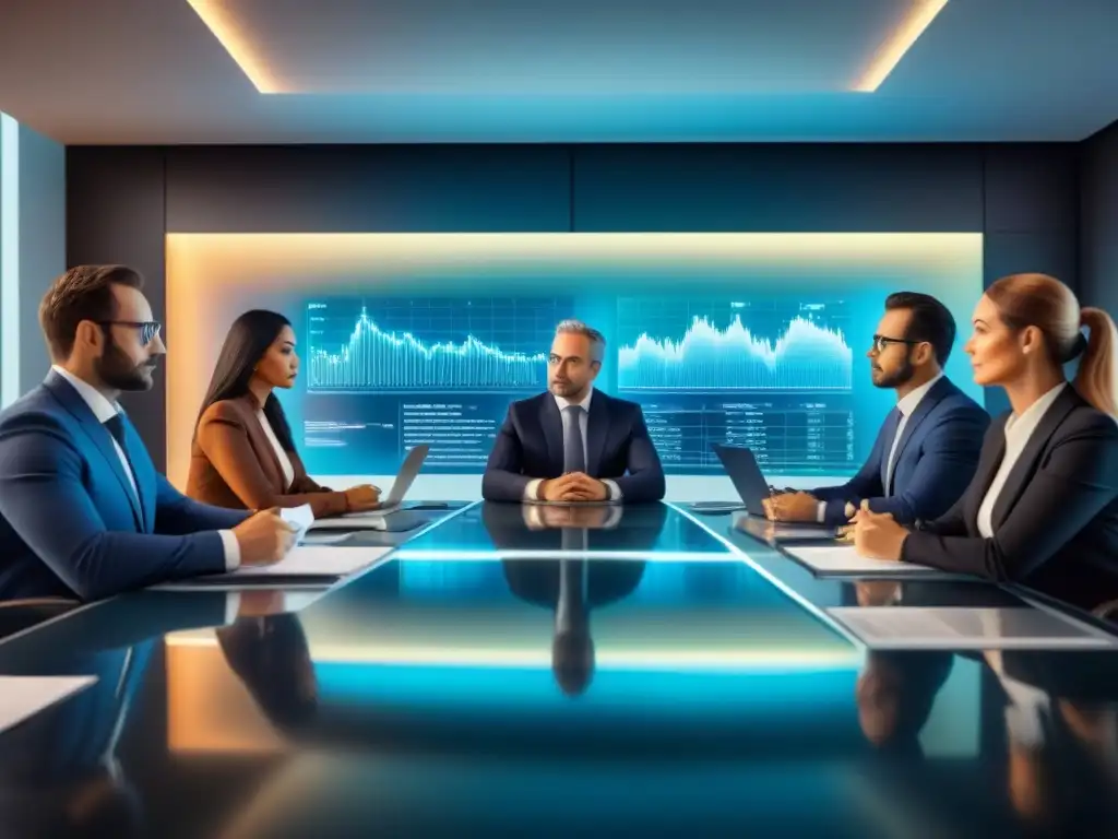 Inversores internacionales analizan informes fiscales en mesa futurista Un grupo internacional de inversores inmobiliarios seriamente concentrados, analizando documentos financieros con gráficos holográficos